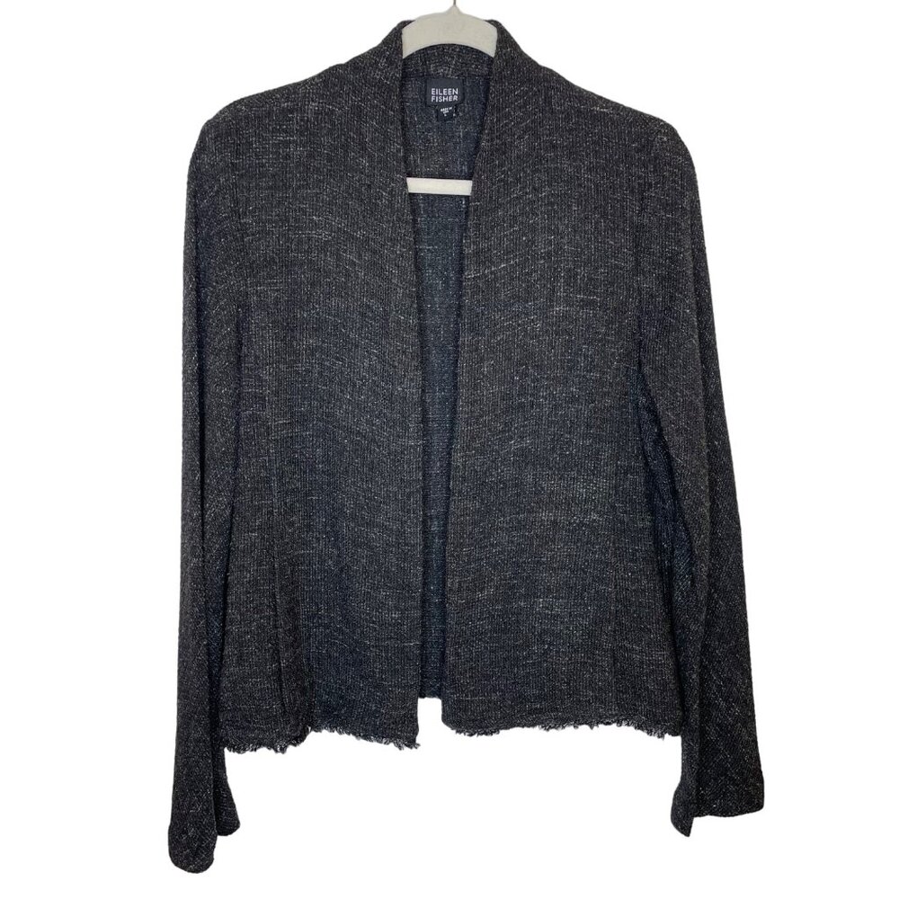 Eileen Fisher Charcoal Grey and Black Tweed Open Front Jacket, L